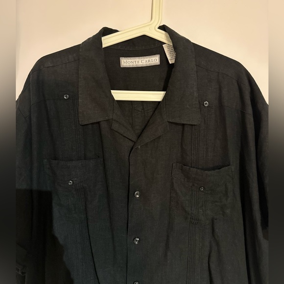 Monte Carlo linen blend black short-sleeved button up shirt with details - Picture 3 of 15